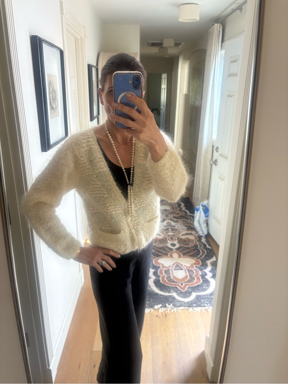 VTG Lauren Hansen Hand Knitted Mohair Wool Cardigan Cream Fuzzy Sweater M - Picture 7 of 15